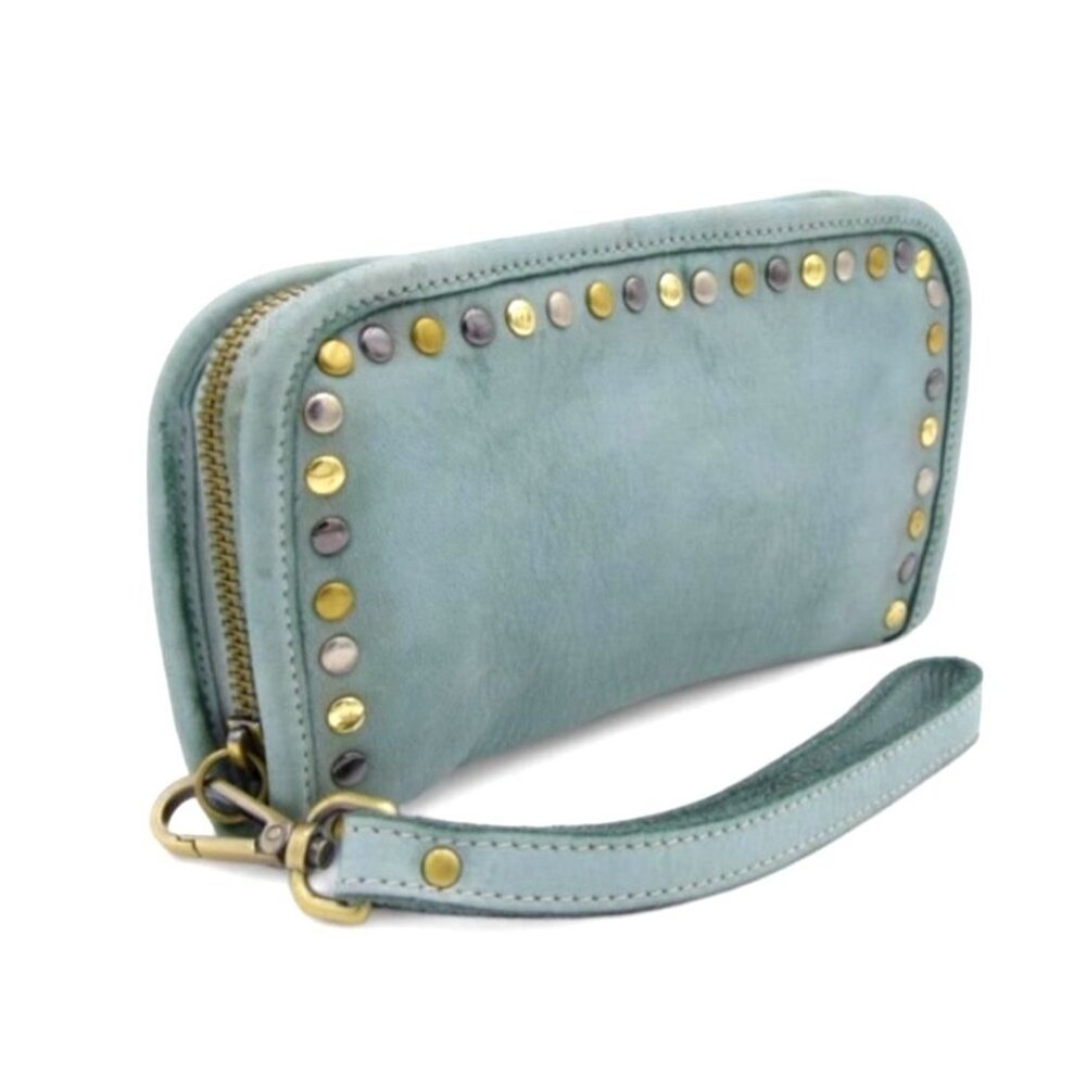 Sofia Zip Around Studded Wallet Pistachio Green Italian Washed Leather Wristlet - Picture 2 of 4